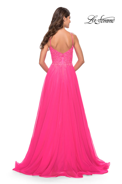 Picture of: A-line Gown with Sheer Floral Embellished Bodice in Neon Pink in Neon Pink, Style: 31506, Back Picture