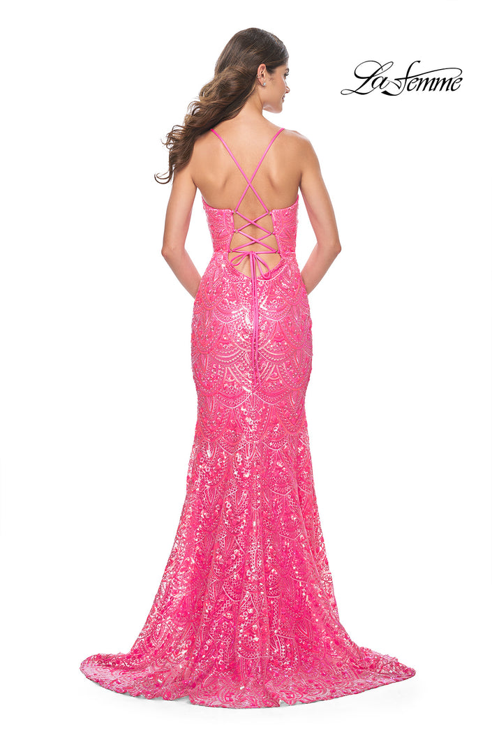 Picture of: Print Sequin Mermaid Dress with Lace Up Back in Neon Pink, Style: 31865, Back Picture