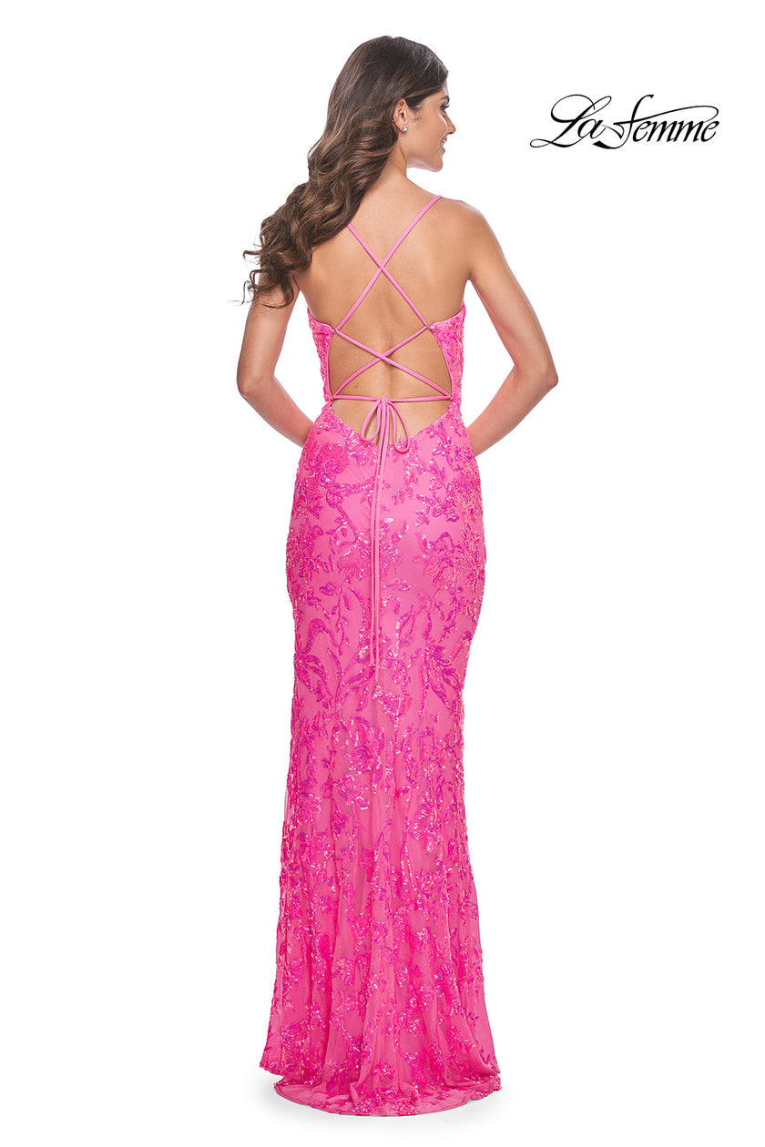 Picture of: Neon Print Sequin Long Prom Dress with Lace Up Back in Neon Pink, Style: 32332, Back Picture