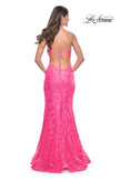 Picture of: Neon Mermaid Print Sequin Dress with Lace Up Open Back in Neon Pink, Style: 32337, Back Picture