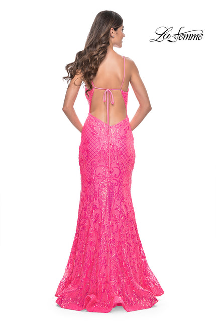 Picture of: Neon Mermaid Print Sequin Dress with Lace Up Open Back in Neon Pink, Style: 32337, Back Picture