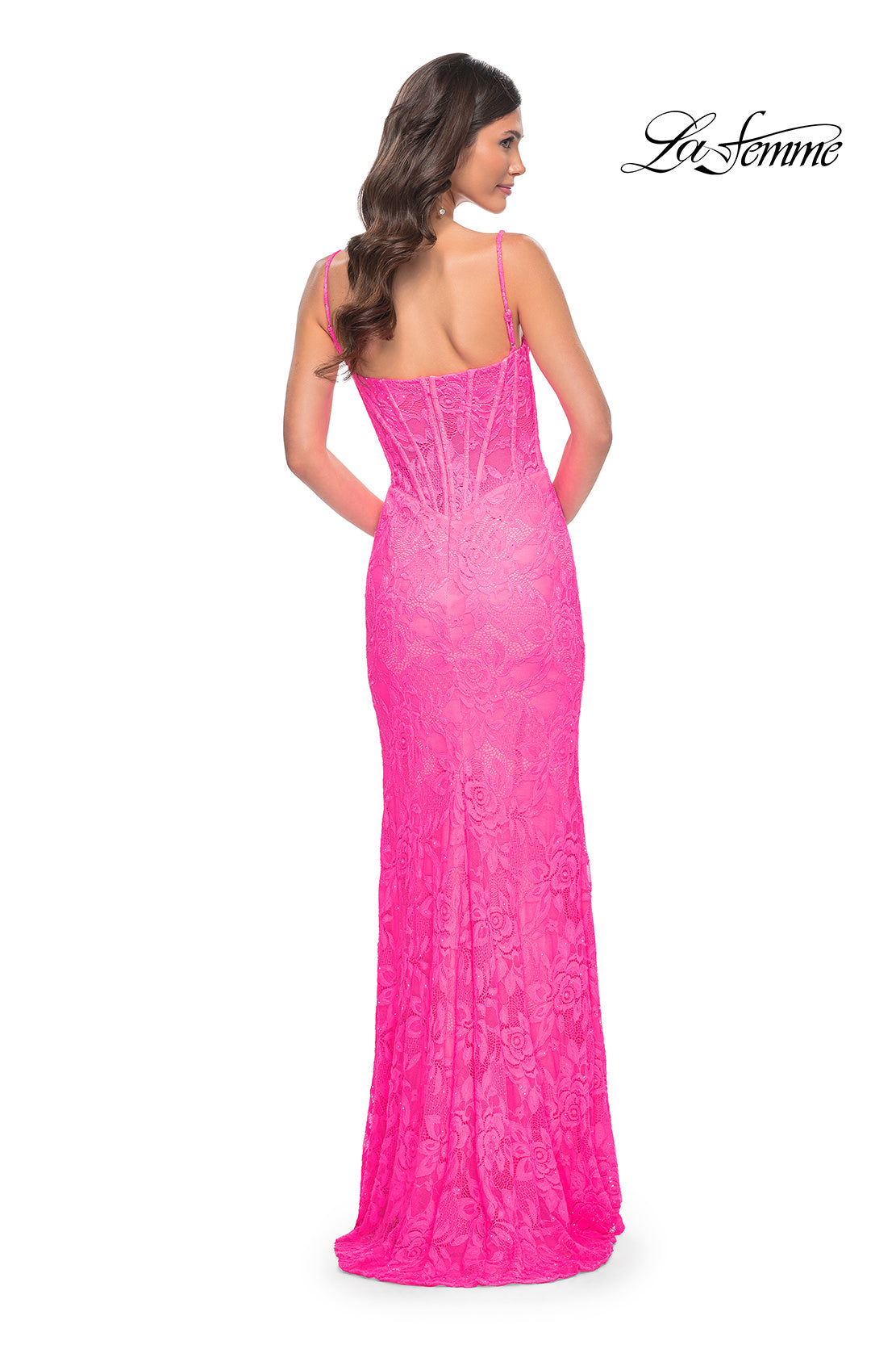 Picture of: Stretch Lace Prom Dress with Boning Detail on Bodice in Pink, Style: 32423, Back Picture