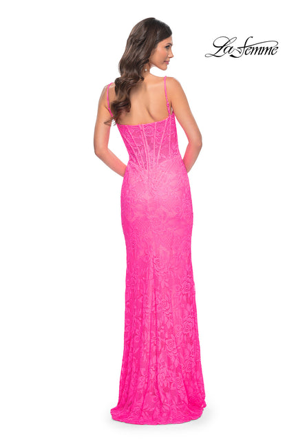 Picture of: Stretch Lace Prom Dress with Boning Detail on Bodice in Pink, Style: 32423, Back Picture