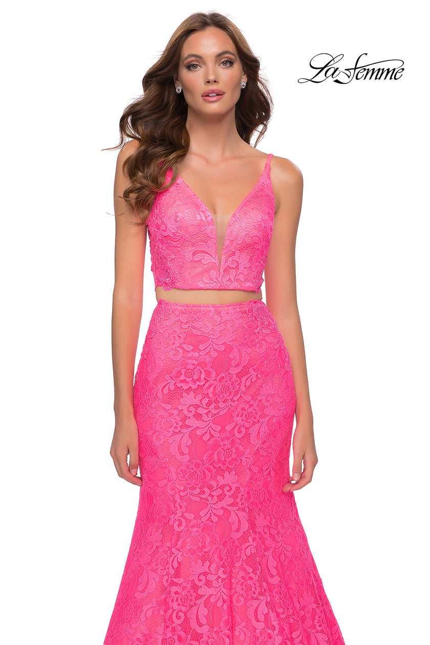 Picture of: Two Piece Gown with Mermaid Skirt and Sheer Sides in Neon Pink, Style 29967, Detail Picture 1
