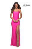 Picture of: Neon Pink Long Tie Up Back Jersey Prom Dress with Slit in Neon Pink, Detail Picture 1