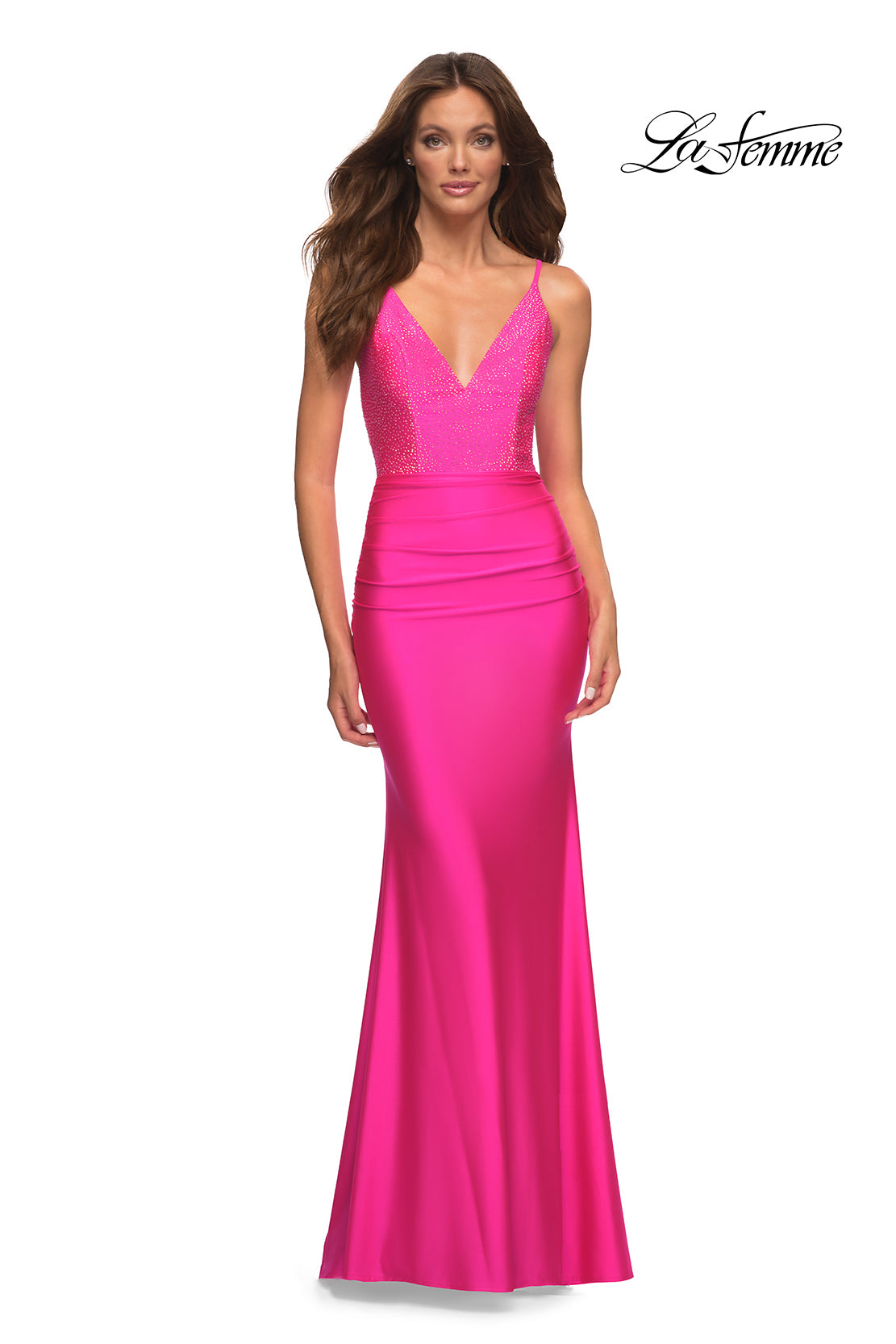 Picture of: Neon Jersey Dress with Rhinestone Beaded Top and V Neck in Pink, Style: 30601, Detail Picture 1