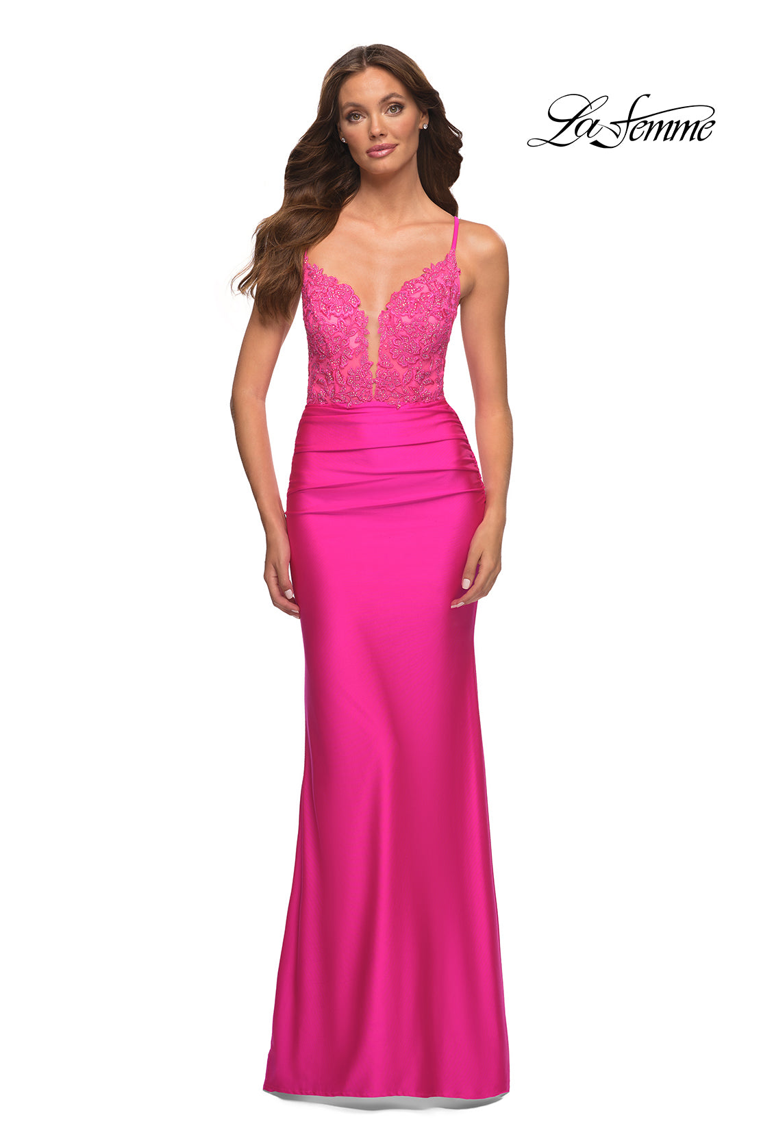 Picture of: Neon Prom Dress with Beautiful Lace Bodice and Jersey Skirt in Pink, Style: 30606, Detail Picture 1