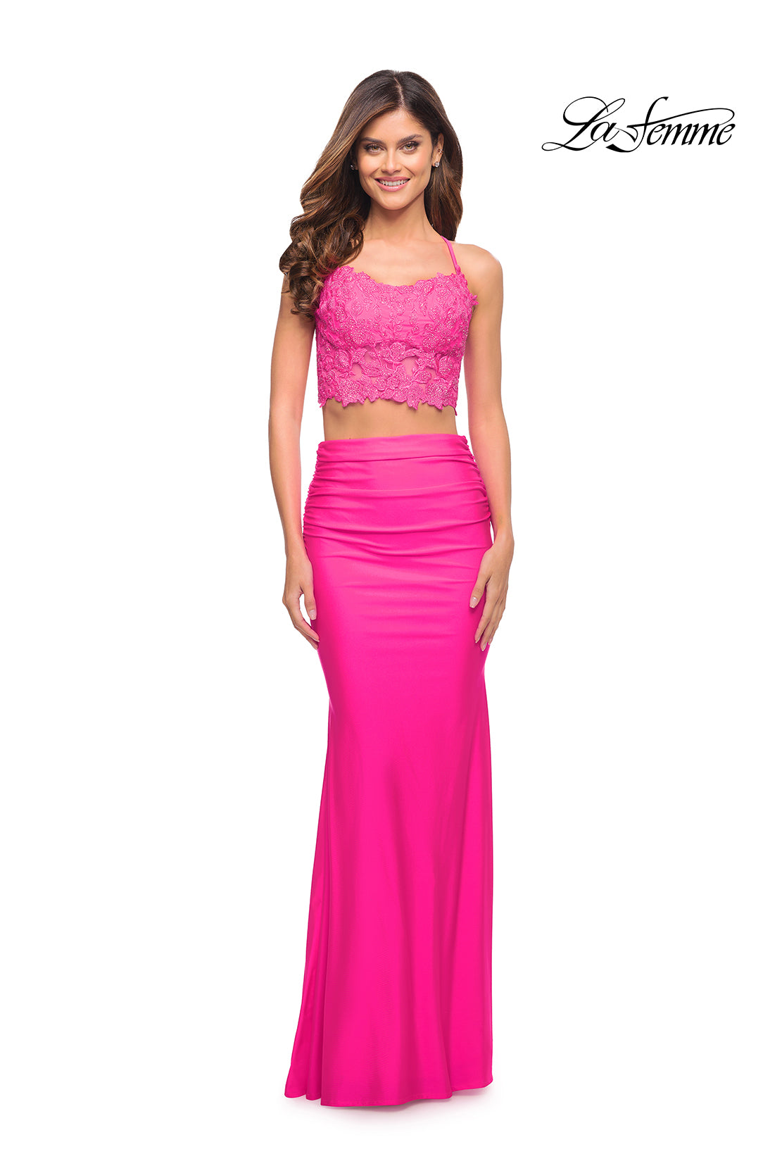 Picture of: Neon Pink Lace and Jersey Two Piece Illusion Top Dress in Neon Pink, Style: 30614, Detail Picture 1