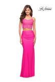 Picture of: Neon Pink Lace and Jersey Two Piece Illusion Top Dress in Neon Pink, Style: 30614, Detail Picture 1
