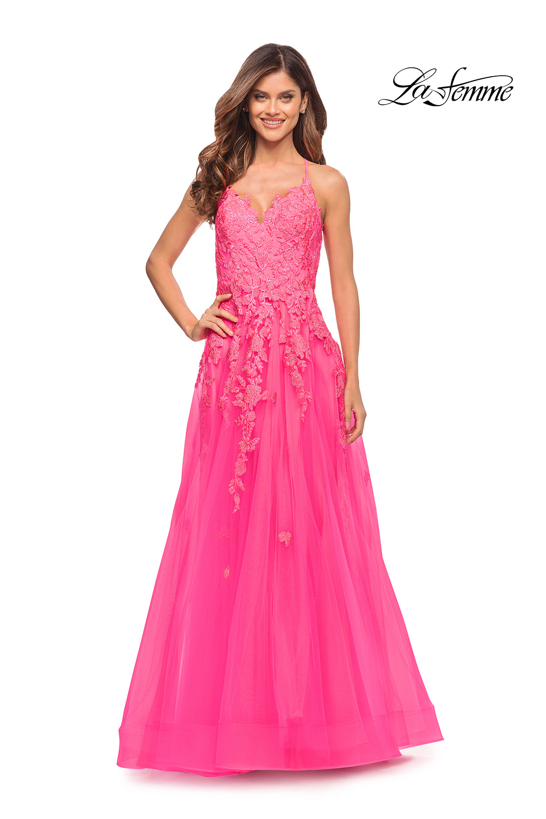 Picture of: Gorgeous Lace and Tulle Ball Gown with High Slit in Neon Pink in Neon Pink, Style: 30693, Detail Picture 1