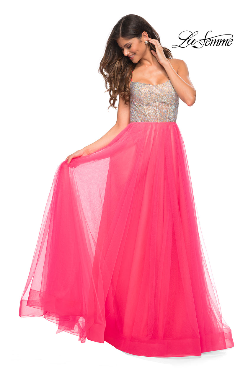 Picture of: Neon Tulle Ballgown with Jeweled Top and Pockets in Neon Pink, Detail Picture 1