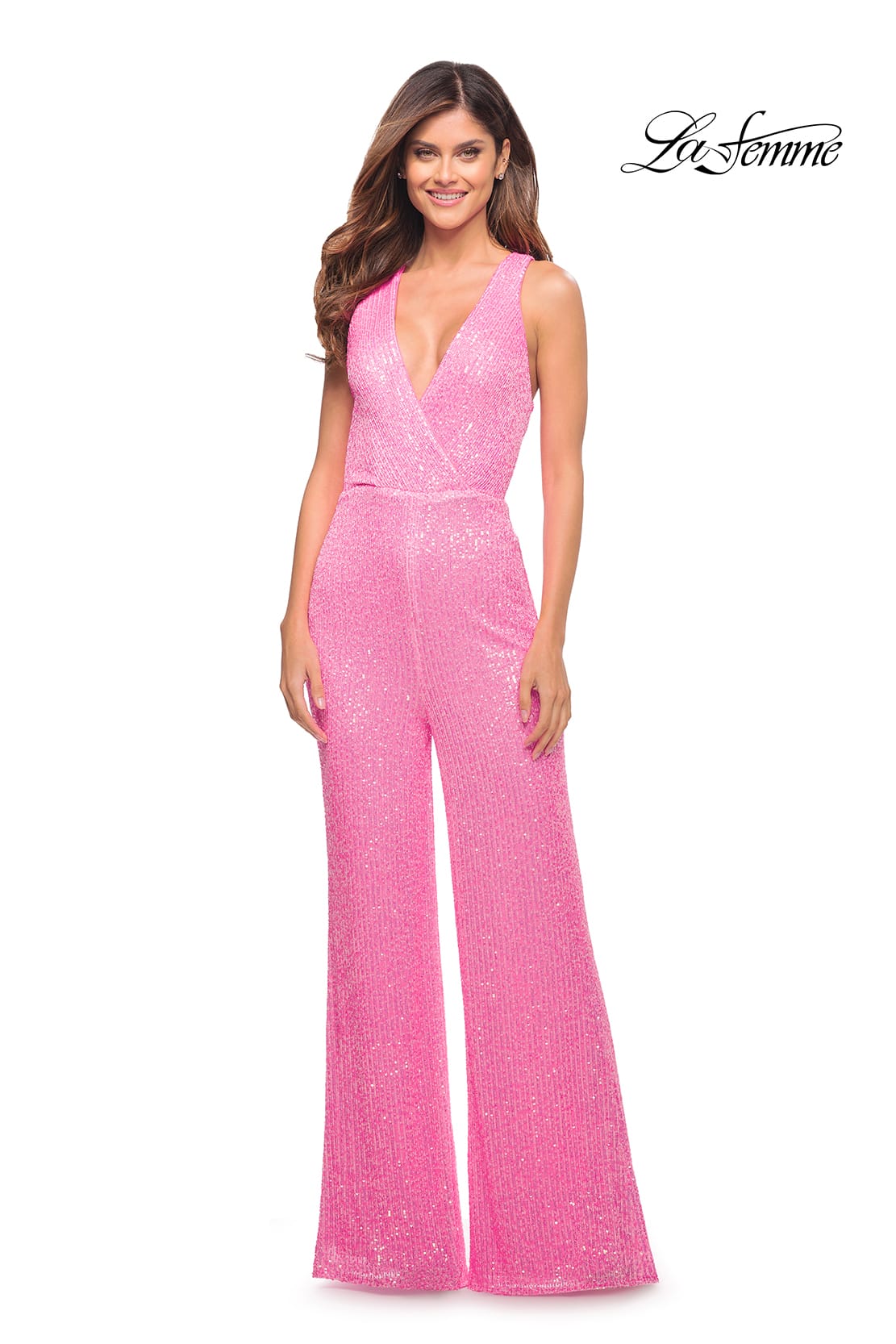 Picture of: Neon Pink Sequin Jumpsuit with Criss Cross Back in Neon Pink, Style: 30811, Detail Picture 1