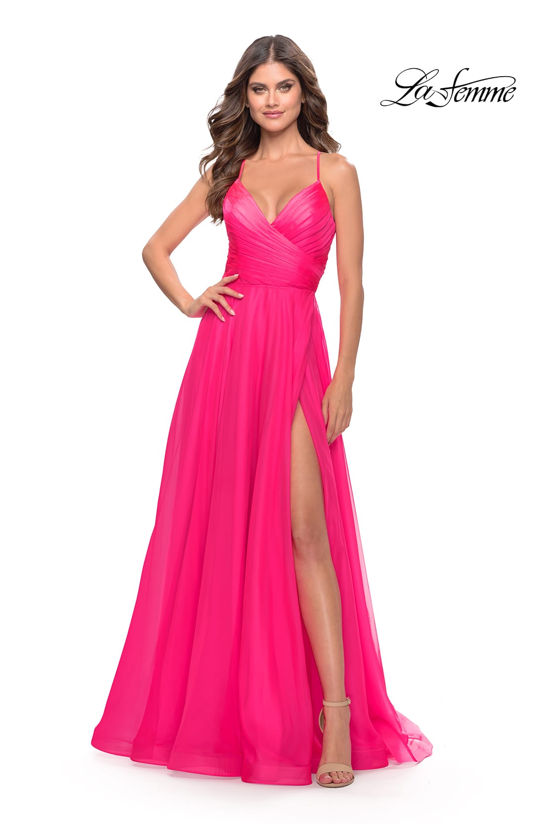 Picture of: Chiffon Prom Dress with Ruched Bodice and Slit in Neon Pink, Style: 30840, Detail Picture 1