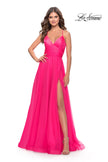 Picture of: Chiffon Prom Dress with Ruched Bodice and Slit in Neon Pink, Style: 30840, Detail Picture 1