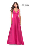 Picture of: A-Line Satin Gown with Ruched Bodice and V Neck in Neon in Neon Pink, Style: 31121, Detail Picture 1