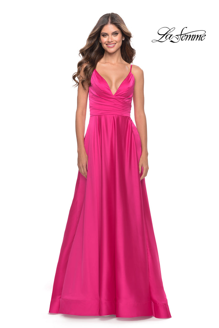 Picture of: A-Line Satin Gown with Ruched Bodice and V Neck in Neon in Neon Pink, Style: 31121, Detail Picture 1