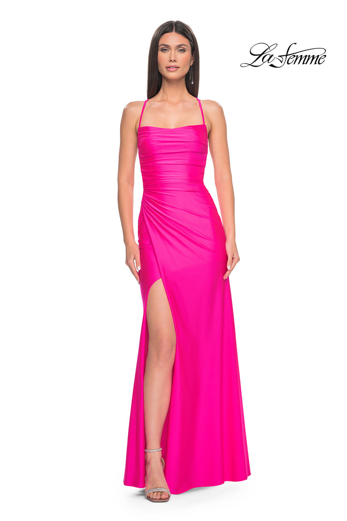 Picture of: Jersey Dress with Square Neckline and Ruching in Neon Pink, Style: 31129, Detail Picture 1