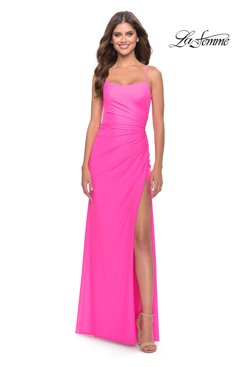 Picture of: Elegant Jersey Dress with Ruching and Square Neckline in Neon in Neon Pink, Style: 31329, Detail Picture 1