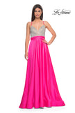 Picture of: Satin Gown with Sheer Rhinestone Bodice in Neon in Neon Pink, Style: 31448, Detail Picture 1