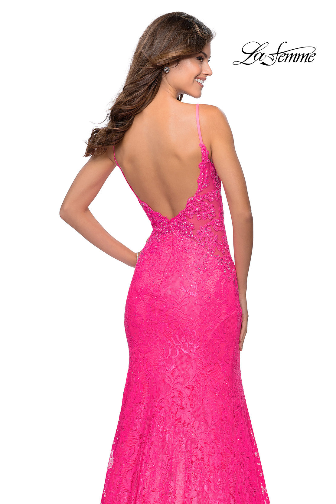 Picture of: Long Mermaid Lace Dress with Back Rhinestone Detail in Neon Pink, Style: 28355, Detail Picture 2