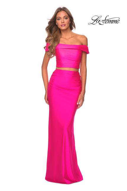Picture of: Neon Two Piece Prom Dress with Off the Shoulder Top in Neon Pink, Style: 29146, Detail Picture 2