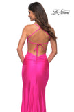 Picture of: Neon Pink Long Tie Up Back Jersey Prom Dress with Slit in Neon Pink, Detail Picture 2