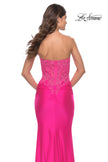 Picture of: Stunning Strapless Jeweled Lace and Jersey Dress in Neon Pink, Style: 30696, Detail Picture 2