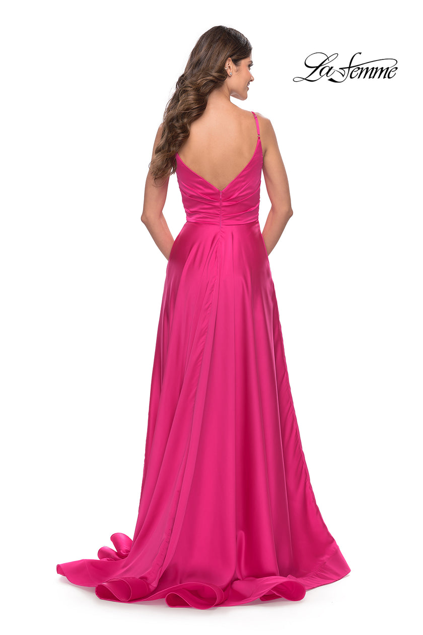 Picture of: A-Line Satin Gown with Ruched Bodice and V Neck in Neon in Neon Pink, Style: 31121, Detail Picture 2