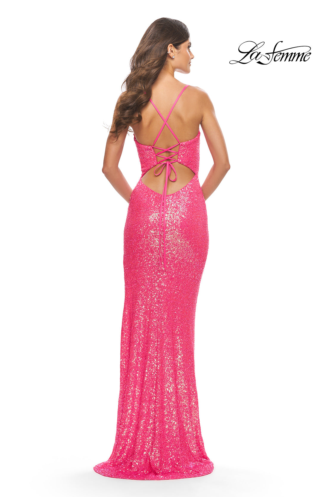 Picture of: Stretch Sequin Dress with High Side Slit and V Neck in Neon Pink, Style: 31298, Detail Picture 2