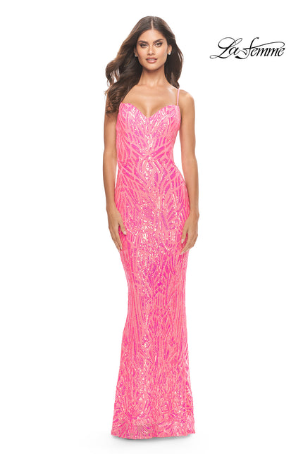 Picture of: Gorgeous Print Sequin Dress with Lace Up Back in Neon Pink, Style: 31390, Detail Picture 2