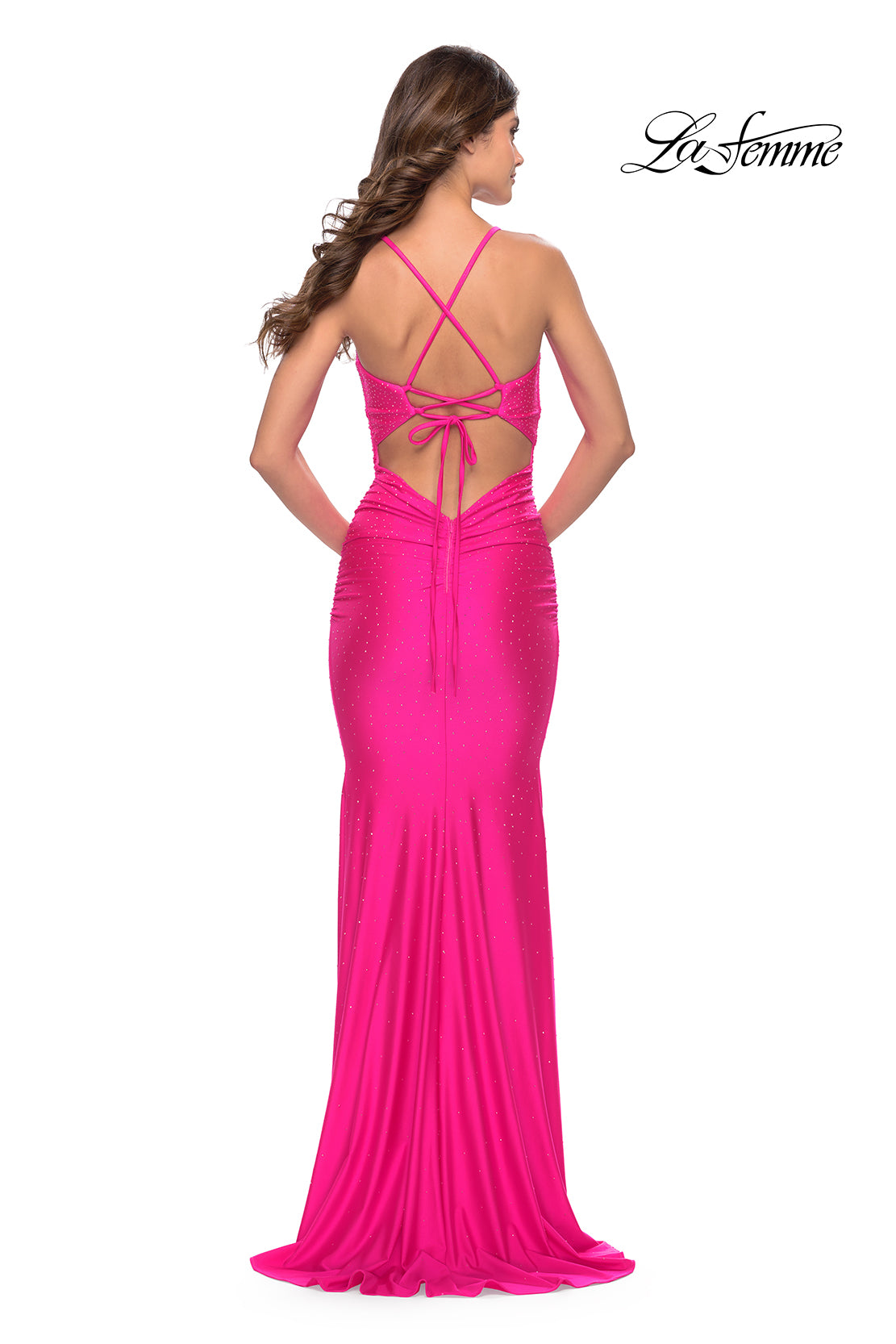 Picture of: Embellished Rhinestone Jersey Long Dress with Lace Up Back in Neon in Neon Pink, Style: 31401, Detail Picture 2