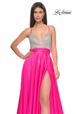 Picture of: Satin Gown with Sheer Rhinestone Bodice in Neon in Neon Pink, Style: 31448, Detail Picture 2