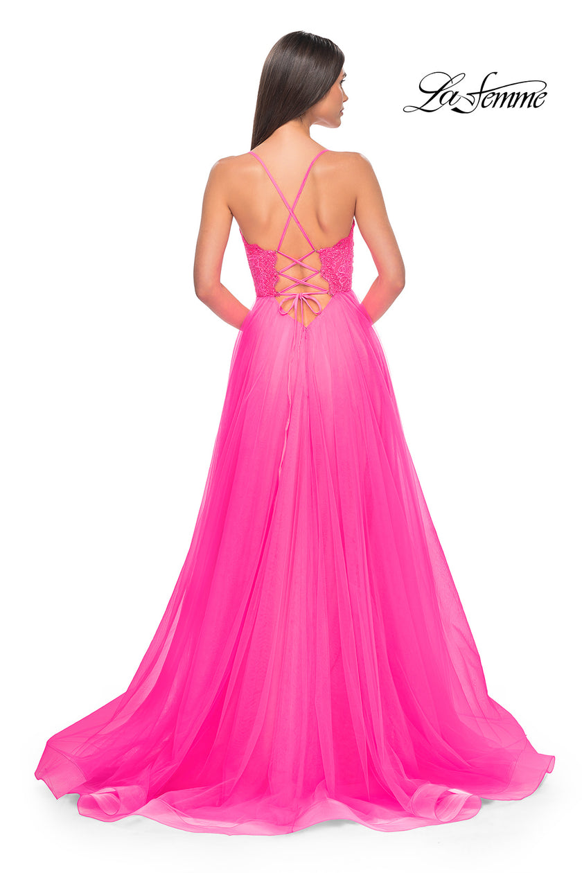 Picture of: Tulle Dress with Full Skirt and Sheer Lace Bodice in Neon Pink, Style: 32306, Detail Picture 2