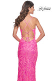 Picture of: Neon Print Sequin Long Prom Dress with Lace Up Back in Neon Pink, Style: 32332, Detail Picture 2