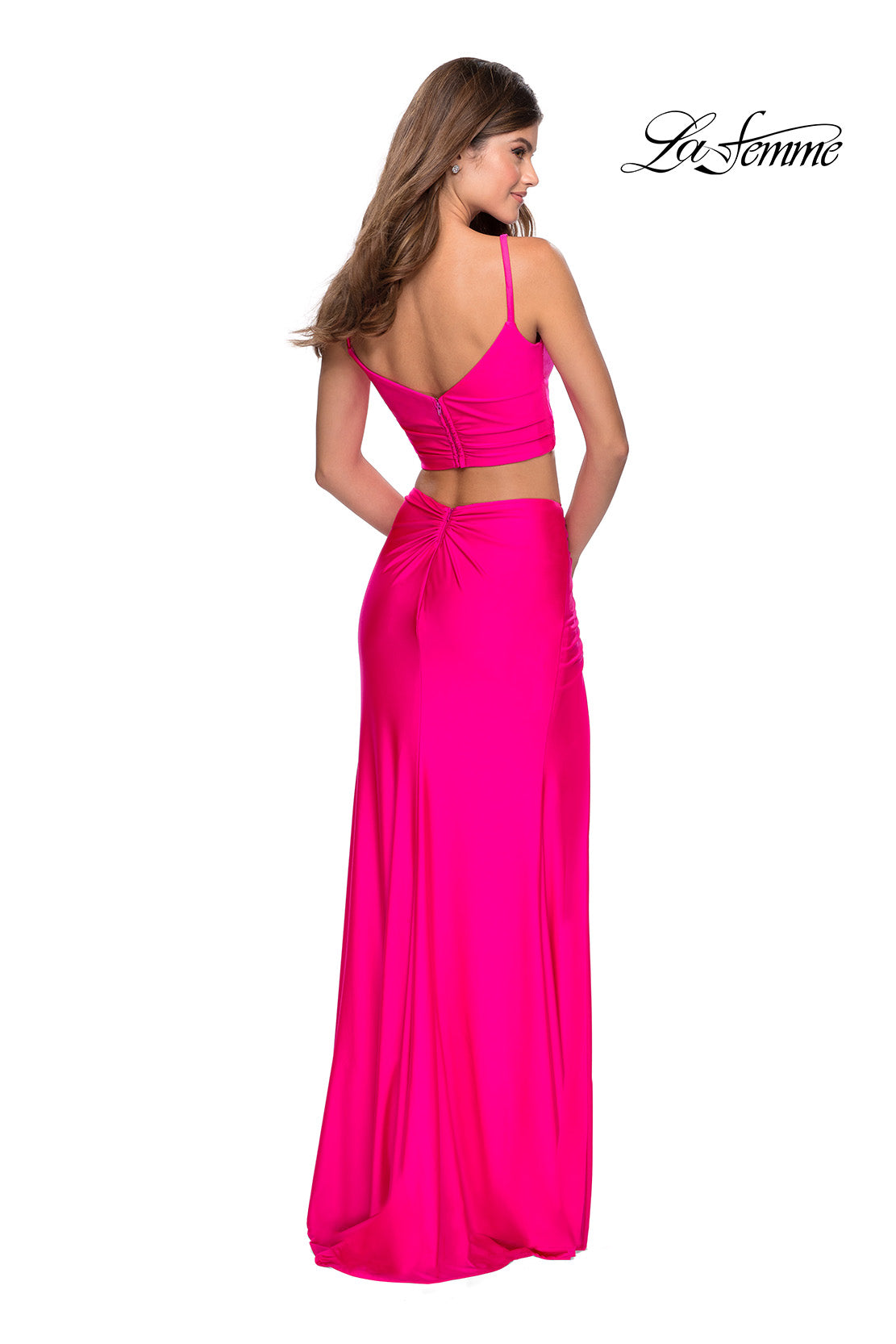 Picture of: Two Piece Long Prom Dress with Ruched Detailing in Neon Pink, Style: 28472, Detail Picture 3