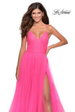 Picture of: Long Tulle A-line Prom Gown with Side Slit and Pockets in Neon Pink, Style: 28561, Detail Picture 3