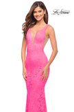 Picture of: Chic Stretch Neon Pink Lace Gown with Deep V Neckline in Neon Pink, Style: 30677, Detail Picture 3
