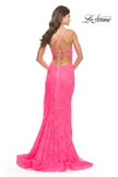 Picture of: Rhinestone Lace Embellished Prom Dress with High Side Slit in Bright Colors in Neon Pink, Style: 31404, Detail Picture 3