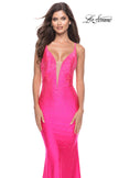 Picture of: Bedazzled Rhinestone Jersey Gown with Deep V Neckline in Neon in Neon Pink, Style: 31413, Detail Picture 3