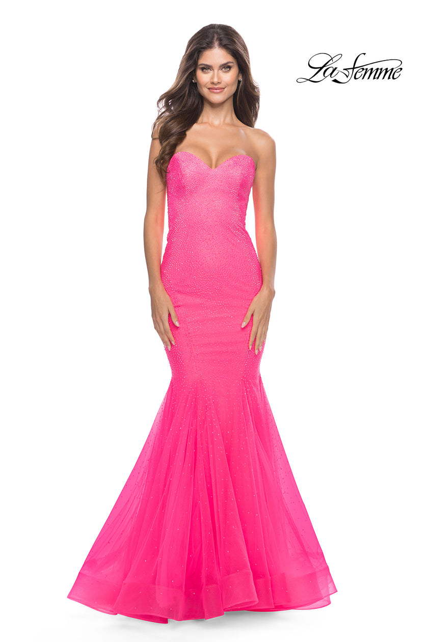 Picture of: Rhinestone Fully Embellished Prom Dress with Sheer Bodice in Neon in Neon Pink, Style: 31421, Detail Picture 3