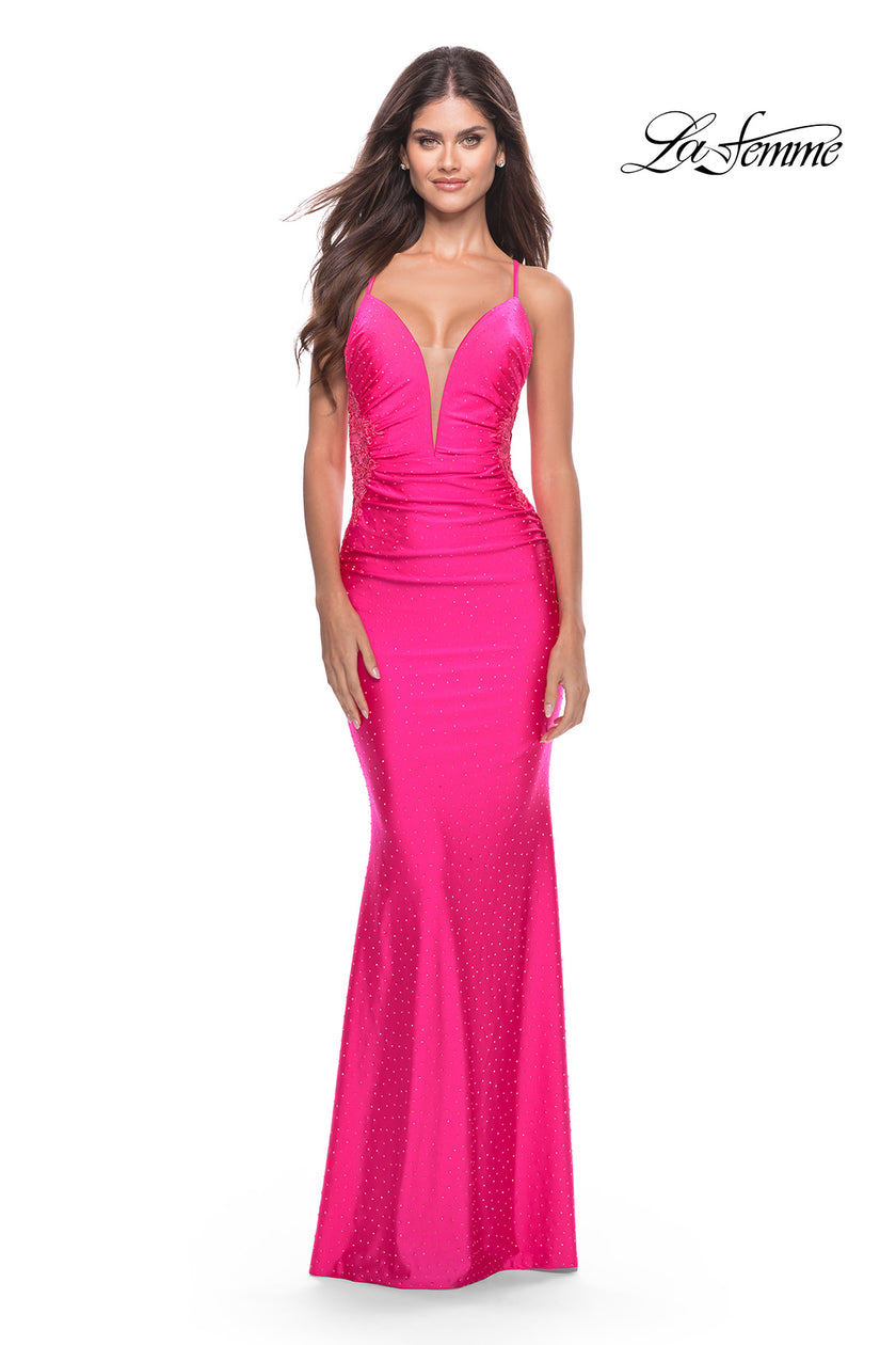 Picture of: Rhinestone Prom Dress with Lace Applique Side Panels in Neon in Neon Pink, Style: 31436, Detail Picture 3