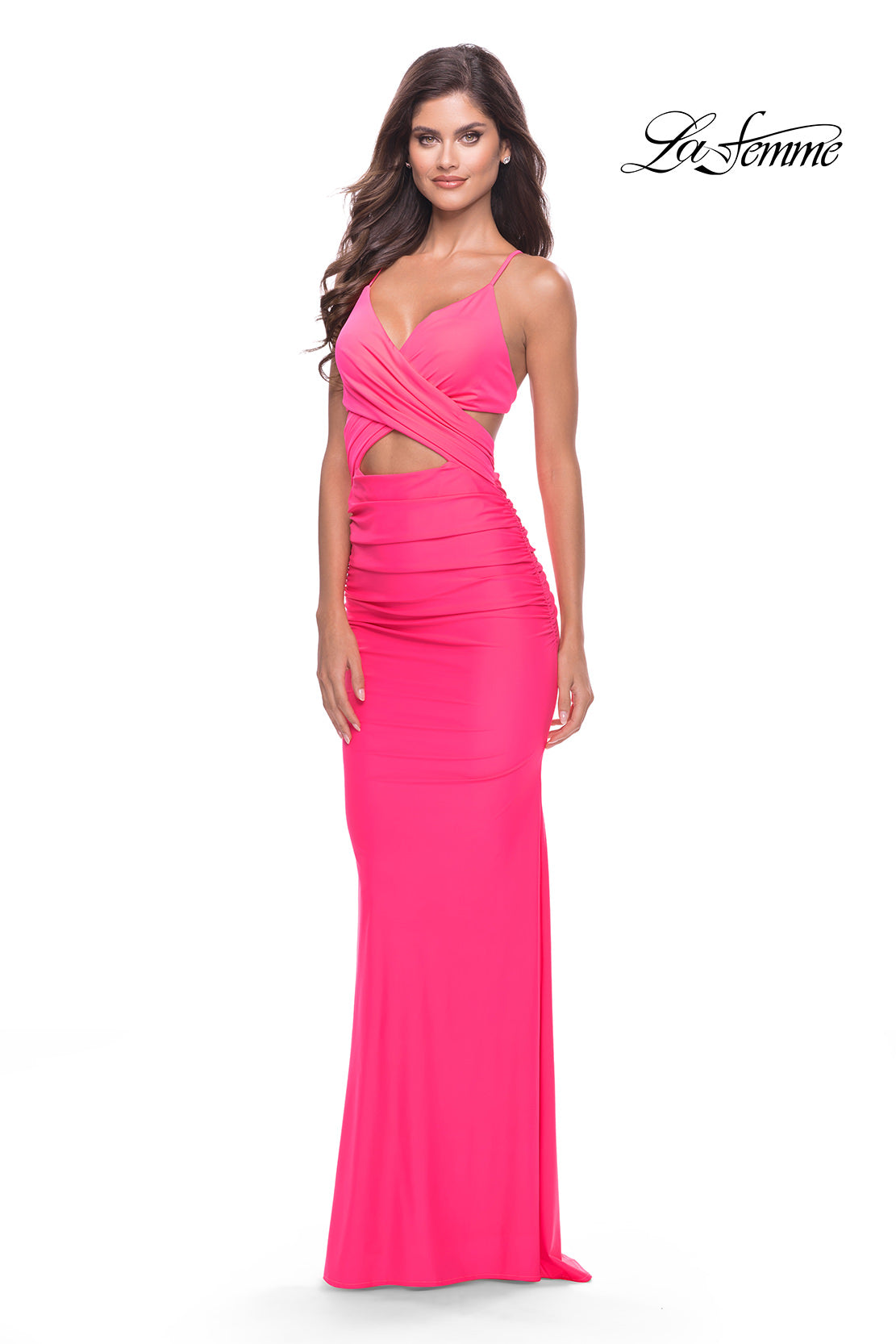 Picture of: Cut Out Long Soft Jersey Dress with Criss Cross Bodice in Neon in Neon Pink, Style: 31442, Detail Picture 3