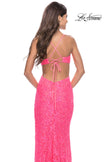 Picture of: Beaded Lace Prom Dress with Side Cutouts and Slit in Neon Pink, Style: 31568, Detail Picture 3