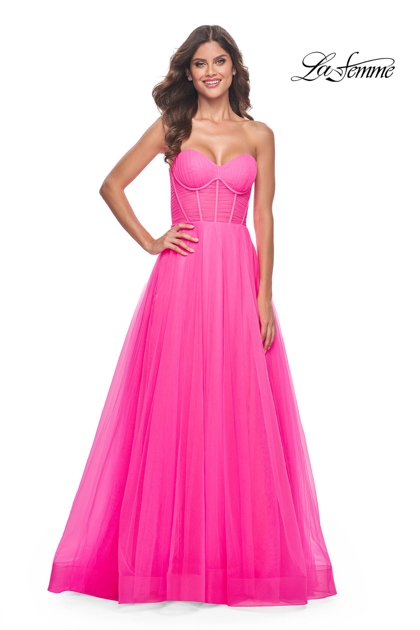 Picture of: Neon Strapless Sweetheart A-Line Corset Prom Dress in Neon Pink, Style: 32341, Detail Picture 3