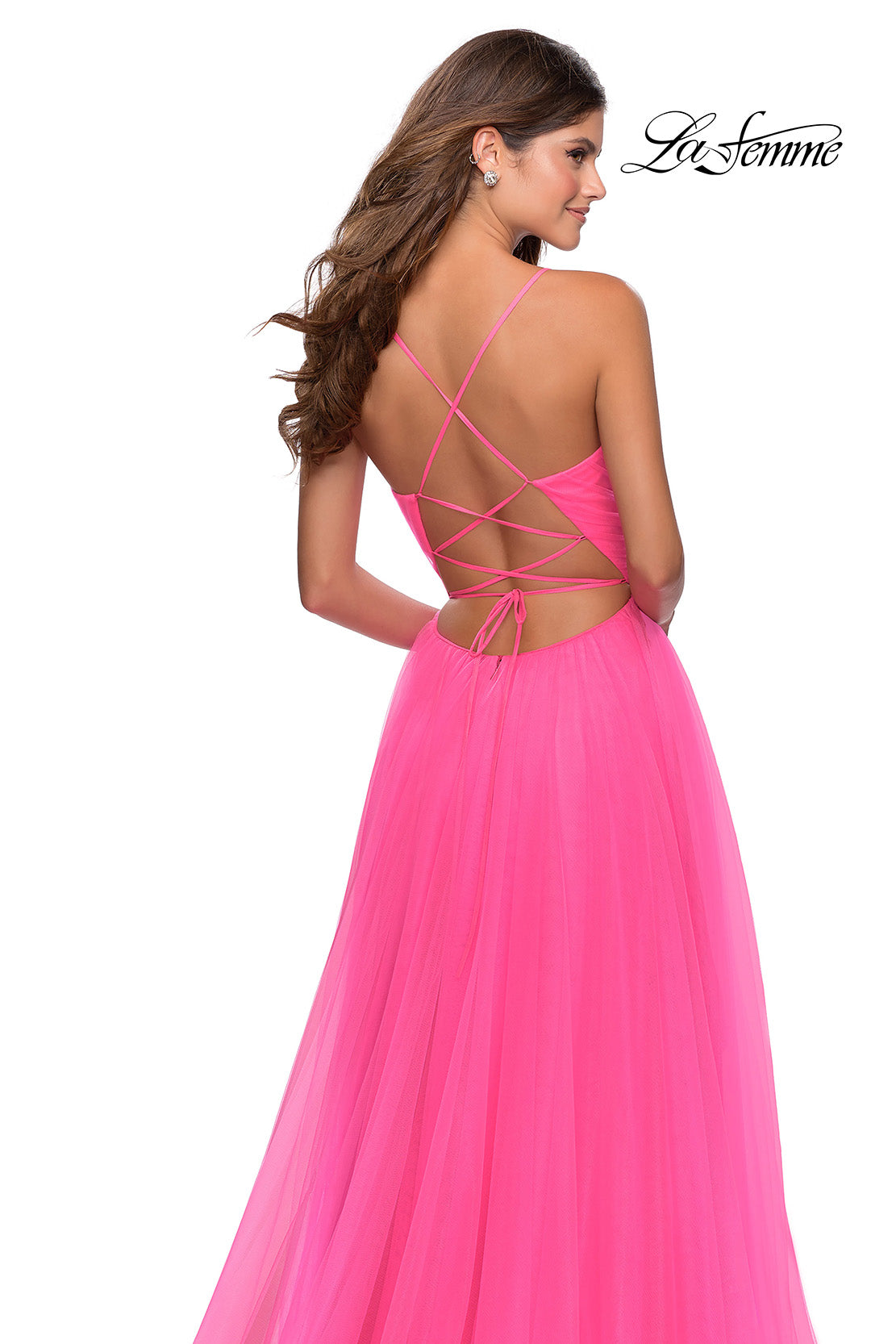 Picture of: Long Tulle A-line Prom Gown with Side Slit and Pockets in Neon Pink, Style: 28561, Detail Picture 4