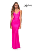 Picture of: Ruched Neon Prom Dress with Criss Cross Tie Back in Neon Pink, Style: 29010, Detail Picture 4