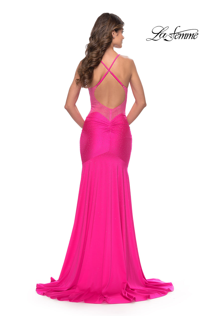 Picture of: Dramatic Rhinestone Dress with Sheer Details and Train in Bright Colors in Neon Pink, Style: 31403, Detail Picture 4