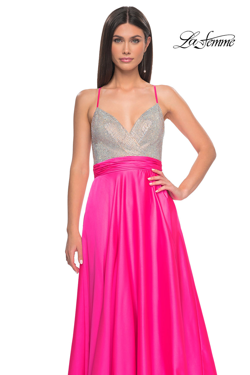 Picture of: Satin Gown with Sheer Rhinestone Bodice in Neon in Neon Pink, Style: 31448, Detail Picture 4
