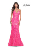Picture of: Neon Mermaid Print Sequin Dress with Lace Up Open Back in Neon Pink, Style: 32337, Detail Picture 4