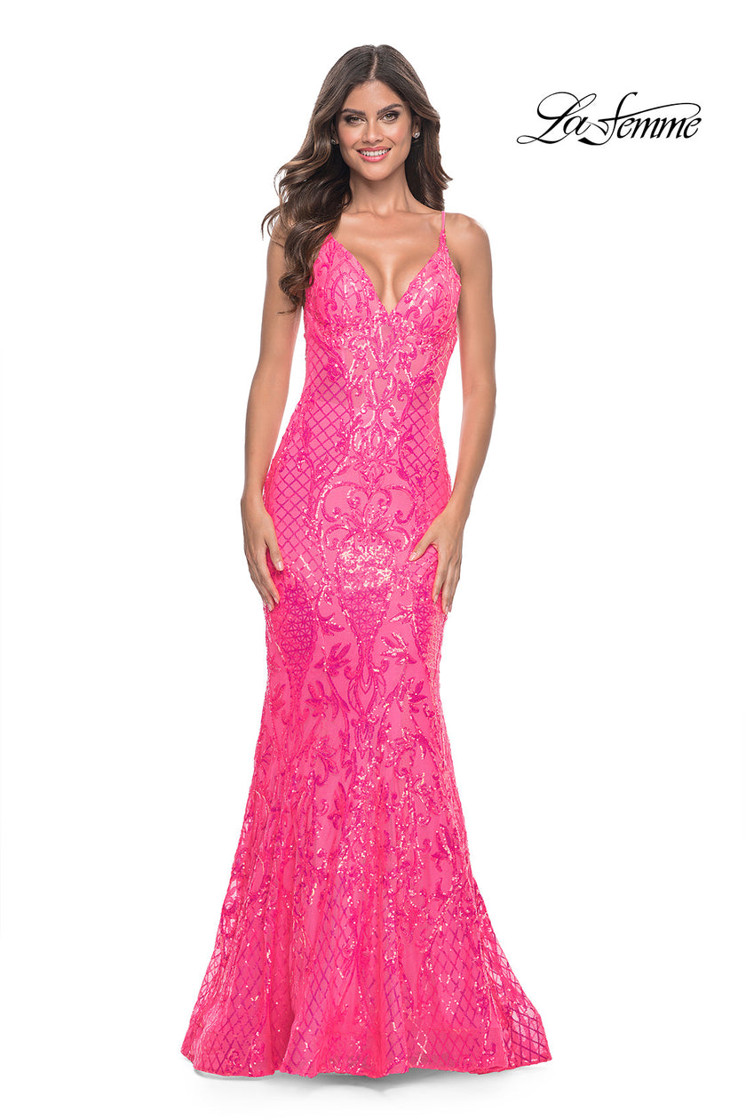 Picture of: Neon Mermaid Print Sequin Dress with Lace Up Open Back in Neon Pink, Style: 32337, Detail Picture 4